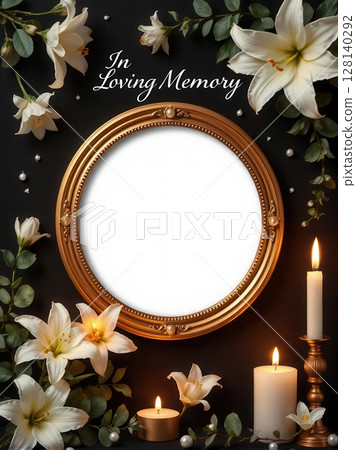 Elegant collection of funeral announcement frames with white lilies, candles, and bokeh lights. 128140292
