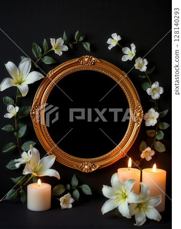 Elegant collection of funeral announcement frames with white lilies, candles, and bokeh lights. 128140293