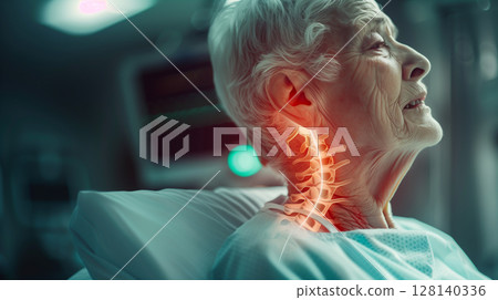 Elderly woman with pain in neck or spine with highlight  area in hospital. 128140336