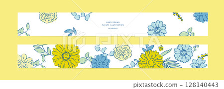 Floral and plant vector postcard template. Botanical invitation design template in summer colors. 128140443