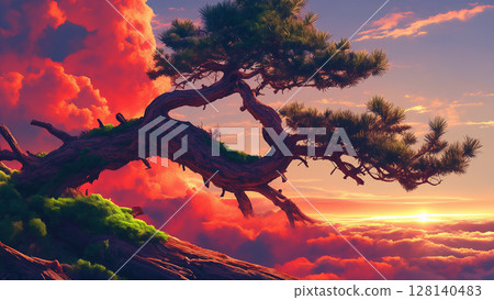 Fallen pine tree on a hill at dusk, cartoon style 128140483