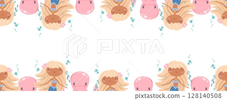 Seamless border with mermaids and octopuses at top and bottom 128140508