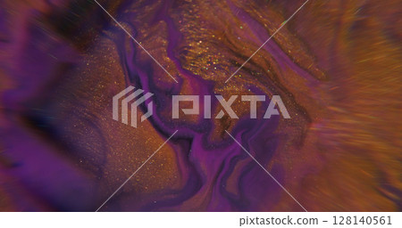 Fluid spill. Water art. Defocused purple golden neon color splash paint in liquid shiny dark black stains floating on abstract light background. Fluid spill. Water art. Defocused purple golden neon color splash paint in liquid shiny dark black stains floating on abstract light background. 128140561