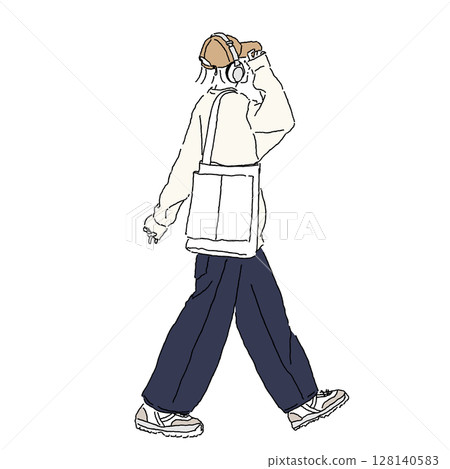 身穿街頭風格服裝、戴著耳機和帽子的女性的線條畫 128140583