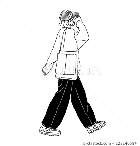 身穿街頭風格服裝、戴著耳機和帽子的女性的線條畫 身穿街頭風格服裝、戴著耳機和帽子的女性的線條畫 128140584
