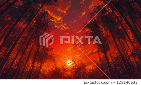 Scenery of looking up at a bamboo forest in the red sunset, anime style 128140632