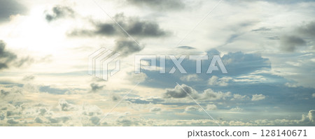 Dramatic overcast sky panorama with gray storm clouds during rainy season. Moody atmospheric background perfect for weather forecasting and emotional storytelling. Climate change awareness. 128140671