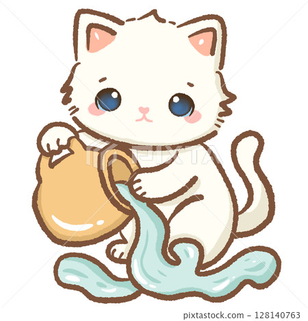 Cute Kawaii Zodiac Cat Clipart with overflown water from a jug Adorable Aquarius Astrology Animal Character Illustration for Kids Stickers Scrapbooking Digital Planners and Horoscope Designs 128140763