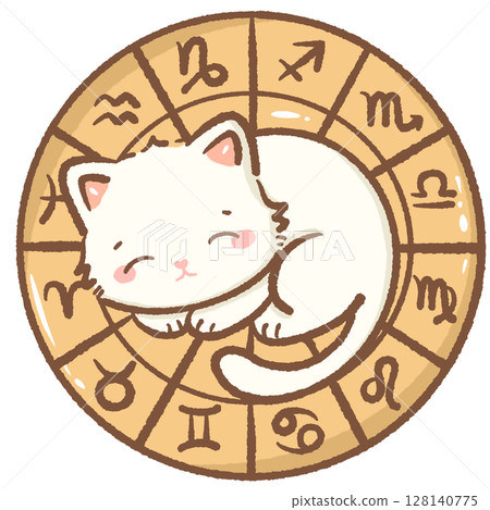 Cute Kawaii Zodiac Cat Clipart Sleeping on Horoscope Circle Adorable Astrology Animal Illustration for Stickers Kids Digital Planners Scrapbooking and Star Sign Designs 128140775