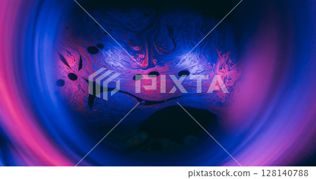 Ink blur mix. Neon fluid flow. Bokeh round lens effect colorful tunnel whirl frame. Blue pink sphere light reflection on black background. Ink blur mix. Neon fluid flow. Bokeh round lens effect colorful tunnel whirl frame. Blue pink sphere light reflection on black background. 128140788