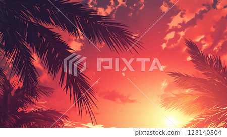 Scenery when looking up at palm trees in the evening, anime style Scenery when looking up at palm trees in the evening, anime style 128140804
