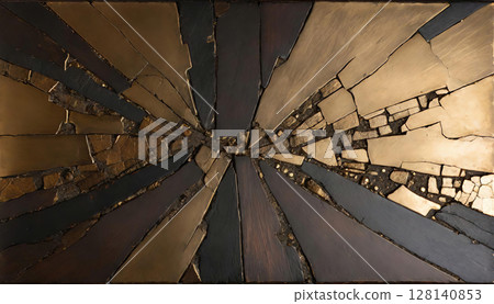 A radial burst of broken bronze and metal fragments forming a sunburst pattern A radial burst of broken bronze and metal fragments forming a sunburst pattern 128140853