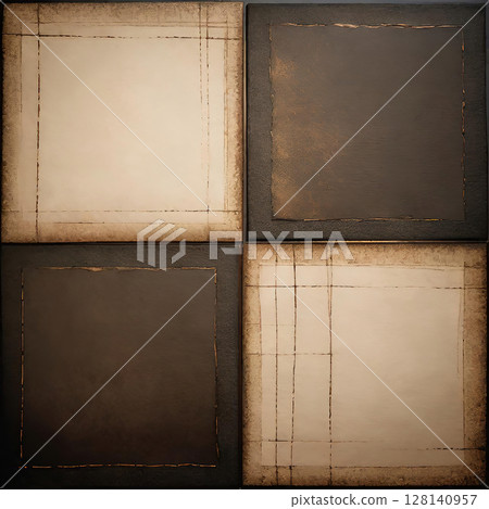 A geometric layout of four dark and light square metal panels 128140957