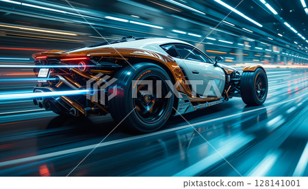 A futuristic high-performance sports car racing through a neon-lit tunnel 128141001
