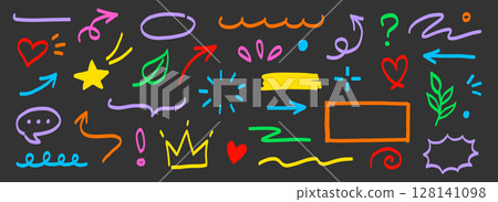 Hand marker line icon color brush element set. Hand drawn colorful sketch underline, arrow, heart shape with playful style. Doodle crown, highlight, pointer and symbol for fun design. Vector 128141098