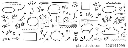 Line brush heart vector set. Hand drawn marker pen stroke star, flower, pencil arrow speech bubble cloud highlight shape icon. Cute sketch text scribble sparkle check underline. Vector 128141099