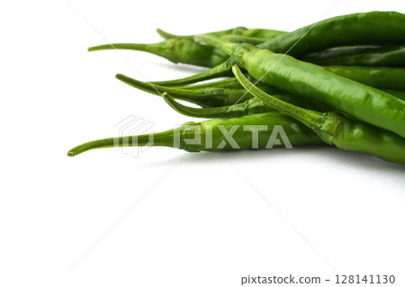 Green chili peppers (white background, copy space available) Green chili peppers (white background, copy space available) 128141130