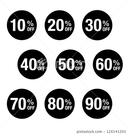 一組插圖,文字從 10% 折扣到 90% 折扣不等。白色文字在一個圓圈內。透明背景。單色。 一組插圖,文字從 10% 折扣到 90% 折扣不等。白色文字在一個圓圈內。透明背景。單色。 128141203