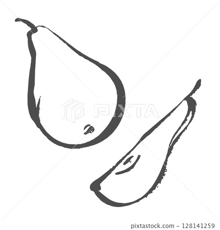 Pear vector sketch icon isolated on background. Hand drawn ink brush summer fruit illustration. Linear sloppy doodles. 128141259