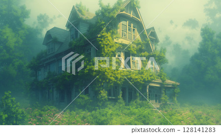 Ivy-covered ruins in the mist, anime style 128141283