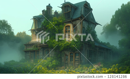 Mysterious ivy-covered ruins in the forest, anime style 128141286