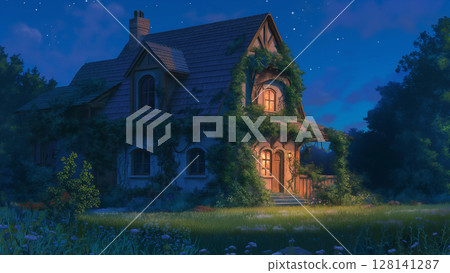 Ivy-covered house at night, anime style 128141287