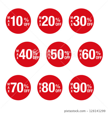 Set of illustrations with text ranging from MAX 10% OFF to MAX 90% OFF. White text in a circle, transparent background, red 128141299