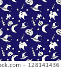 Seamless Halloween pattern with pumpkin, hat, candles and stars.  128141436