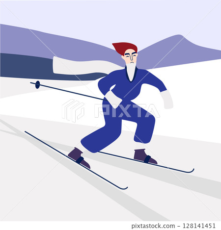 Skier in the mountains. Square vector illustration in vintage style for a poster, banner or postcard from a ski resort. With love from winter holidays. 128141451