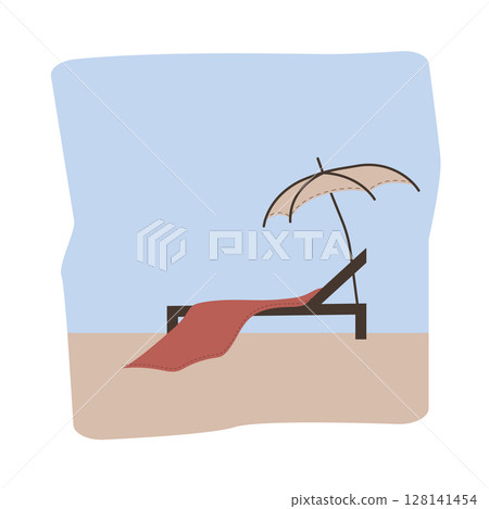 A lonely beach lounger under an umbrella stands on the sand of the beach under a blue sunny sky. Square scene. Landscape, resort view. Tourism and recreation. Vector illustration. A lonely beach lounger under an umbrella stands on the sand of the beach under a blue sunny sky. Square scene. Landscape, resort view. Tourism and recreation. Vector illustration. 128141454