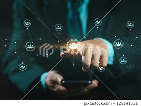 Human resources (HR) management, recruitment, employment, and headhunting concept. Social network interface businessman touch button sign. Human resource concept. Teamwork solution network. Human resources (HR) management, recruitment, employment, and headhunting concept. Social network interface businessman touch button sign. Human resource concept. Teamwork solution network. 128141511