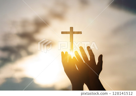 Human hands open palm up worship. Eucharist Therapy Bless God Helping Repent Catholic Easter Lent Mind Pray. Christian Religion concept background. fighting and victory for god 128141512