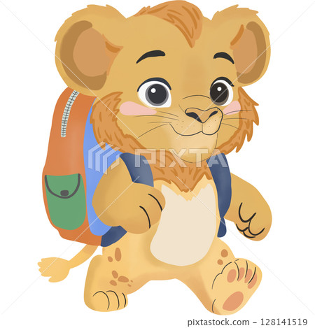 Cute cartoon lion student going to school with backpack. Cute cartoon lion student going to school with backpack. 128141519