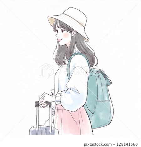 Illustration material of a woman enjoying a trip Illustration material of a woman enjoying a trip 128141560