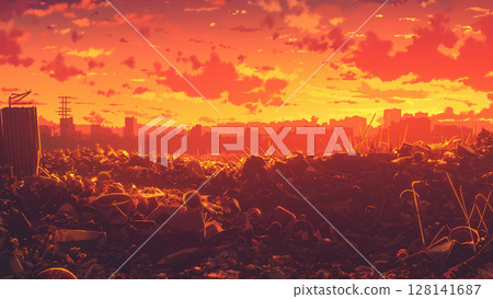 A waste dump dyed red by the sunset, anime style A waste dump dyed red by the sunset, anime style 128141687
