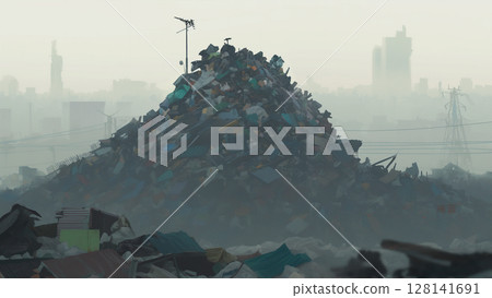 Mountains of garbage piled up in the city, anime style Mountains of garbage piled up in the city, anime style 128141691