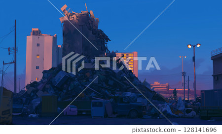 Destroyed city garbage pile, cartoon style Destroyed city garbage pile, cartoon style 128141696
