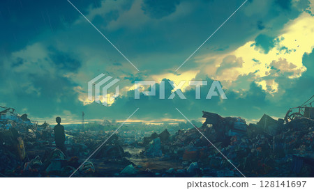 多雲天空的垃圾堆,卡通風格 多雲天空的垃圾堆,卡通風格 128141697