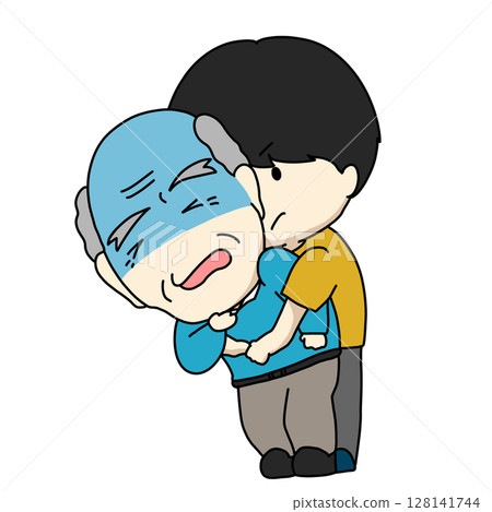 Illustration of a caregiver administering the Heimlich maneuver to an elderly person who has choked due to aspiration Illustration of a caregiver administering the Heimlich maneuver to an elderly person who has choked due to aspiration 128141744