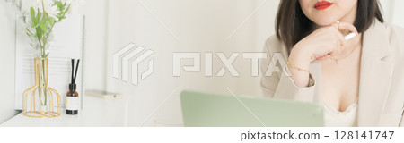 asian business and writer woman smile and happy during think new idea and meeting online asian business and writer woman smile and happy during think new idea and meeting online 128141747