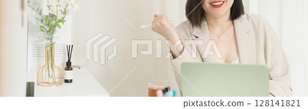 asian business and writer woman smile and happy during think new idea and meeting online asian business and writer woman smile and happy during think new idea and meeting online 128141821