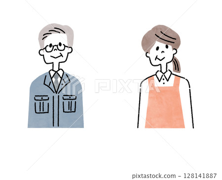 Icon illustration of a senior man wearing work clothes and a senior woman wearing an apron Icon illustration of a senior man wearing work clothes and a senior woman wearing an apron 128141887