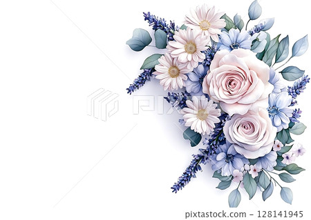 Delicate Floral Arrangement with Soft Pink Roses and Fresh Blue Flowers on White Background Delicate Floral Arrangement with Soft Pink Roses and Fresh Blue Flowers on White Background 128141945
