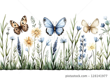 Delicate Butterflies and Colorful Wildflowers on a Soft White Background 128141977