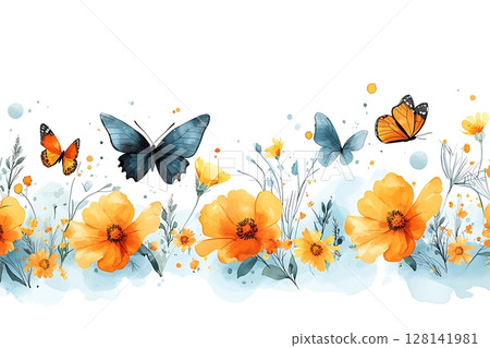 Colorful Butterflies and Bright Orange Flowers in a Soft Watercolor Style Design 128141981