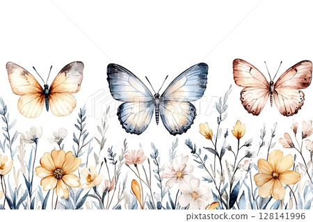 Delicate Watercolor Butterflies Surrounded by Colorful Wildflowers on a White Background 128141996