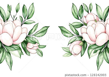 Elegant Floral Arrangement with Soft Pink Magnolias and Lush Green Leaves on White Background Elegant Floral Arrangement with Soft Pink Magnolias and Lush Green Leaves on White Background 128142003