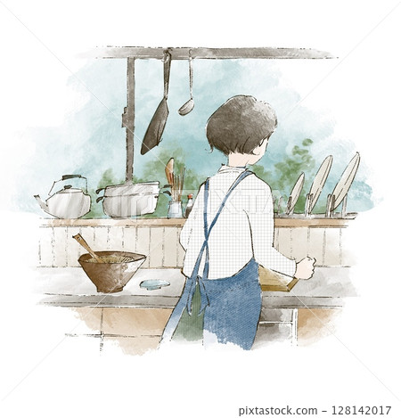 Kitchen and back view of a woman cooking Kitchen and back view of a woman cooking 128142017