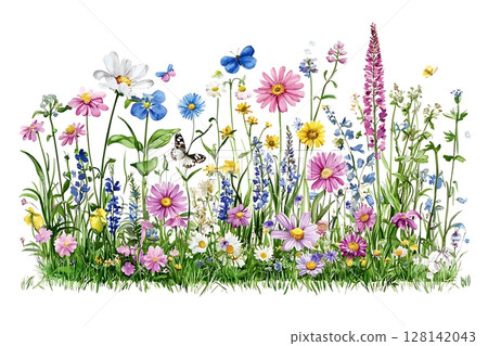 Colorful Wildflower Meadow with Butterflies and Bees in Bright Spring Landscape Design 128142043
