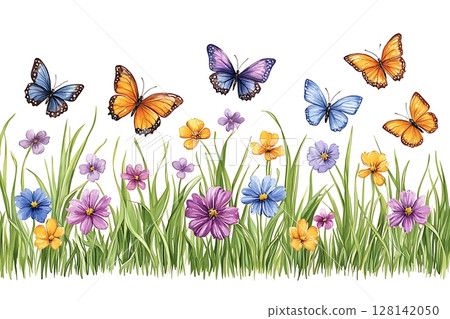 Colorful Butterflies Dancing Among Vibrant Flowers in a Lush Green Meadow Landscape 128142050